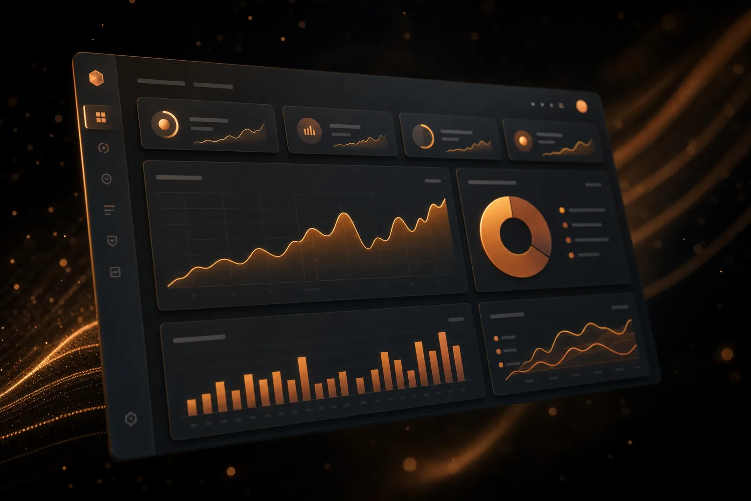 A Delegate analytics dashboard with line charts, a donut chart, bar charts and KPI cards in warm accent tones.