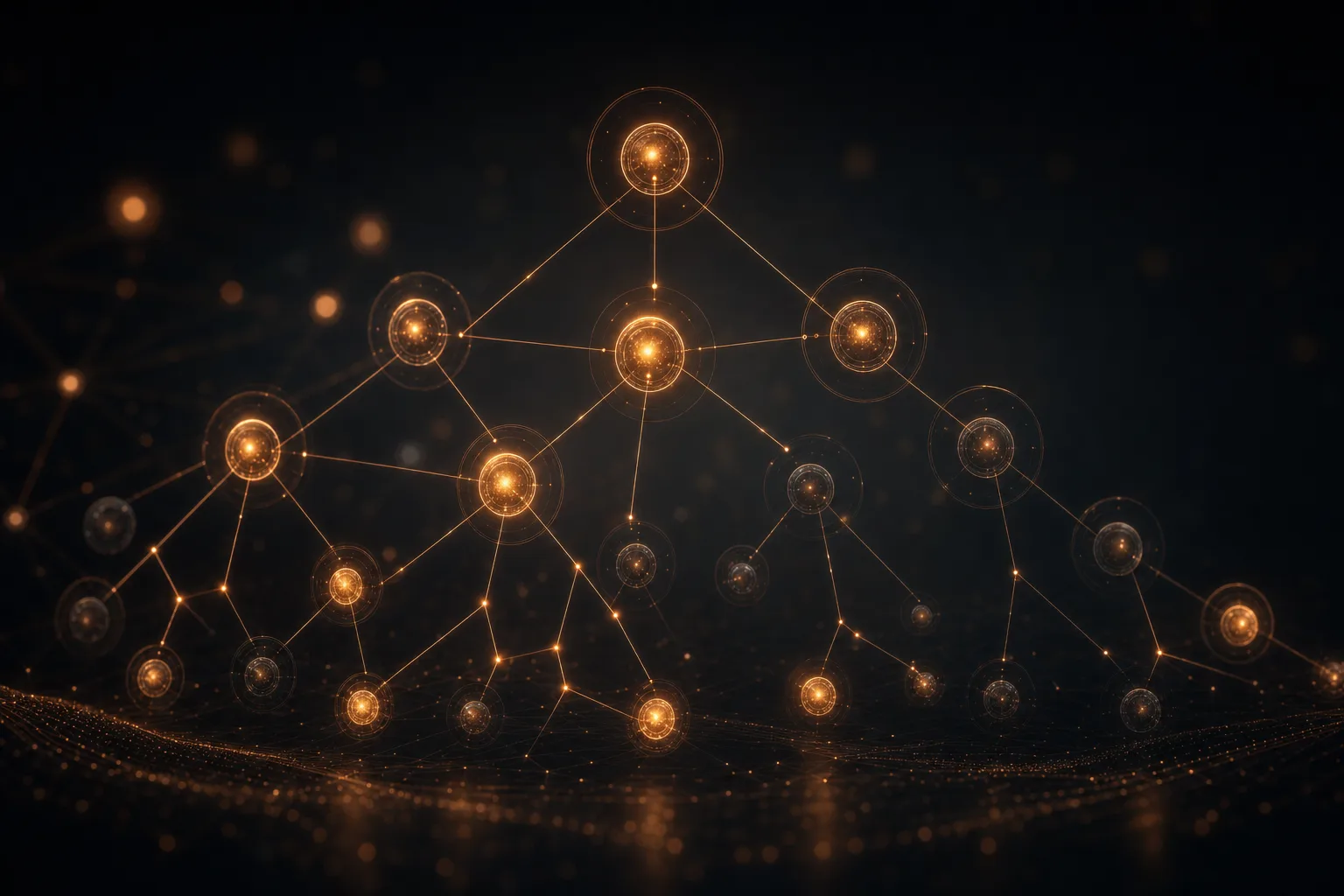 An abstract network of glowing connected nodes representing a team of AI agents working together.